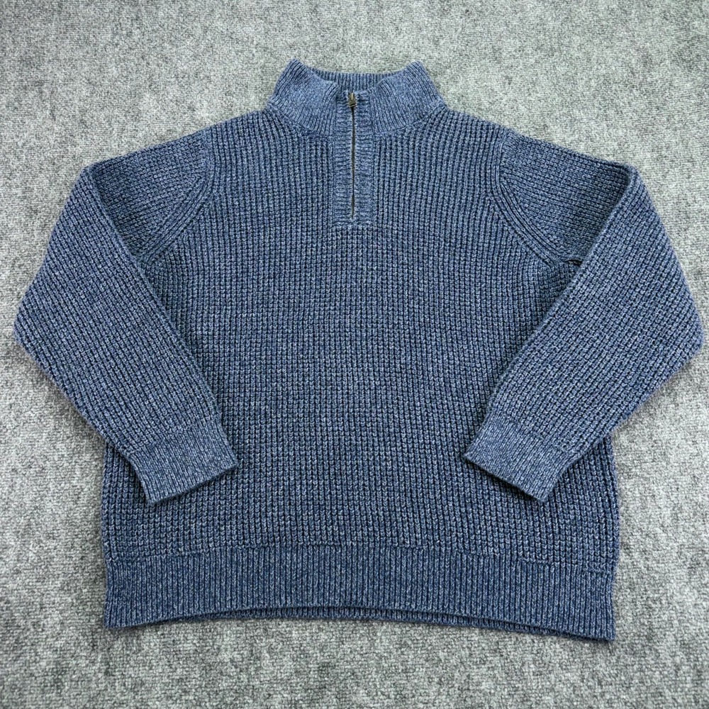 LL Bean Sweater Mens XL Blue Quarter Zip 100% Organic Cotton Knit Heavy Pullover